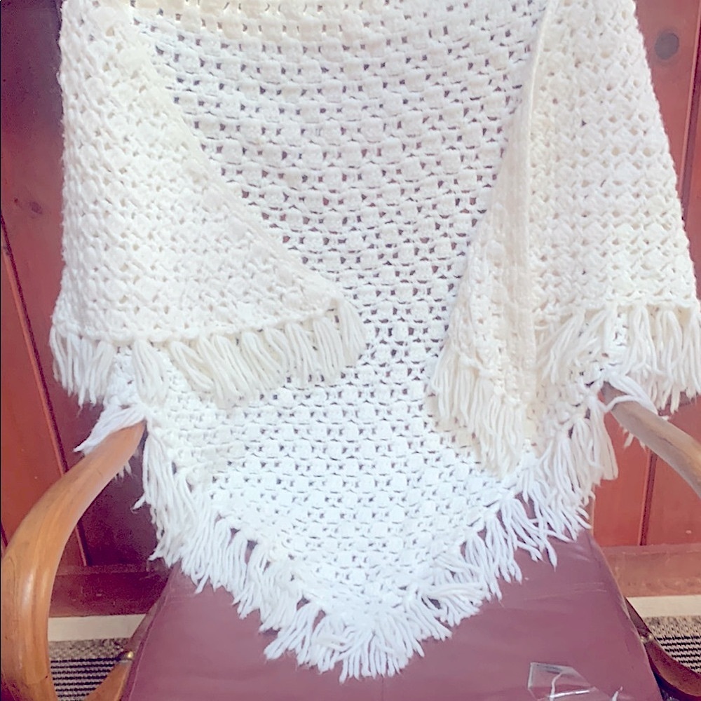 White Lacy Knit shawl wrap with Fringe